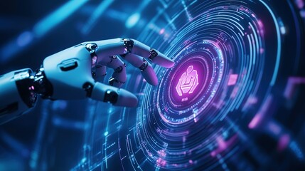 Poster - Robotic arm interacting with a futuristic user interface showcasing AI control