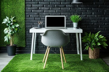 Poster - Green Workspace: Desk setup with laptop plants black brick wall and green accents