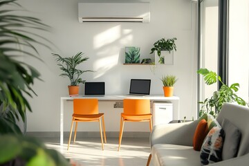 Poster - Bright modern office space with two laptops orange chairs and potted green plants