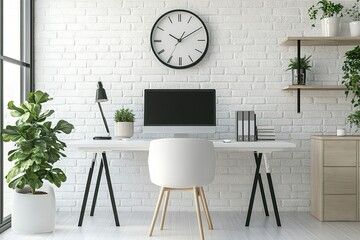 Poster - Minimalist office space with modern desk chair computer and plants against brick wall