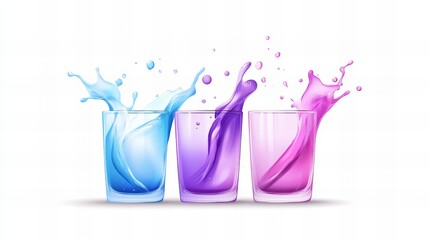 Poster - three colorful liquids are splashing out of clear glasses against a bright white background.