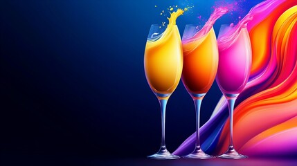 Aufkleber - three elegant glasses containing brightly colored liquids stand side by side against a vibrant and d