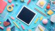 © Meraz - Digital Canvas Amidst School Essentials: An inviting digital tablet amidst a colorful array of school supplies, evoking a modern learning environment. A vibrant composition on a sea of blue.