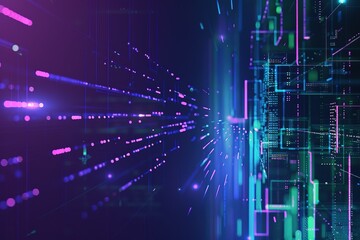 Fototapete - Abstract data flow visualization with glowing neon lights and geometric patterns