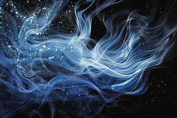Poster - Ethereal blue wisps dance across a dark canvas sprinkled with star-like particles