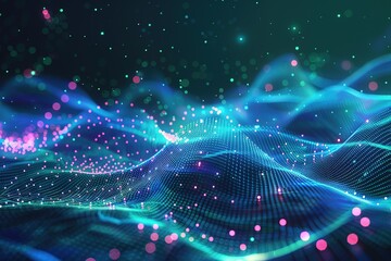 Fototapete - Digital landscape with glowing particles suggesting technology data and innovation