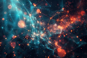 Poster - Abstract network of interconnected lines and nodes with a blue and orange color scheme
