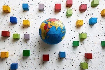 Poster - Colorful abstract earth surrounded by geometric cubes and network connections in low poly style