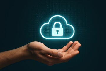 Fototapete - Cloud Security in the palm: An eye-level shot of a hand, tenderly cupping a digital cloud symbol that prominently features a padlock, symbolizing secure digital data protection.