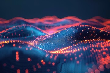 Fototapete - Abstract Data Landscape: Glowing particles forming undulating blue and red patterns