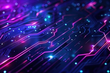 Fototapete - Glowing circuit board with pink and blue lights Abstract motherboard illustration