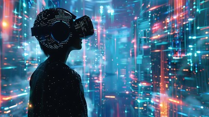 Poster - Virtual reality scene of a person exploring a digital marketplace, where all transactions are made with cryptocurrencies  