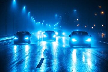 Poster - Cars navigating a foggy night road with headlights piercing through mist on wet asphalt