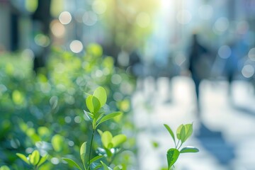 Urban Foliage: Green leaves in an urban environment blurred figures in the background