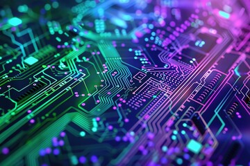Poster - Abstract circuit board design with neon lights showcasing modern technology
