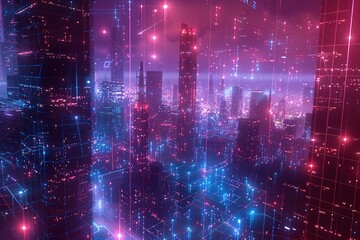 Poster - Cyberpunk Cityscape: Neon lights illuminate a futuristic digital urban environment
