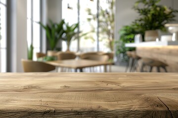 Poster - Rustic wooden table in a bright restaurant with leafy green plant decorations