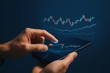 Poster - Financial Analysis at Hand: A person's hand deftly interacts with a smartphone displaying a dynamic stock chart, indicating a deep dive into financial markets and investments. 