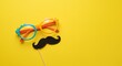 © AI Photo Stock - April Fool's Day Fun: Glasses and Mustache Prank - April Fool's Day prank, funny glasses, playful mustache, vibrant yellow background, lighthearted fun
