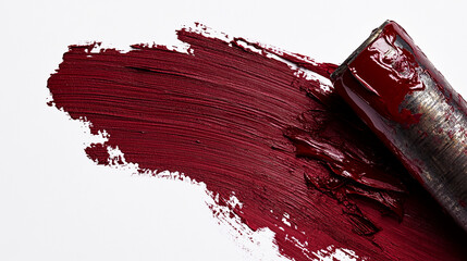 Poster - Swiped maroon paint texture on white background, showcasing thick, brush strokes.  Represents artistry, creativity, and design, ideal for texture, cosmetics, or art-related concepts