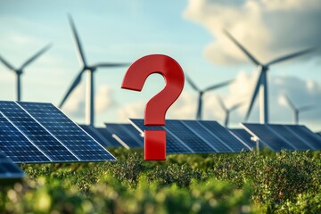 Wall Mural - red question mark on solar panels and wind turbines energy change between renewables and nuclear