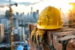 © AlirezA - Yellow construction helmet and gloves resting on a brick wall with city skyline bathed in sunlight during outdoor work