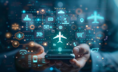 Poster - modern technology integrates travel features, emphasizing mobile booking and marketing tools in a sl