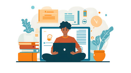 Digital workspace: The image captures the essence of a contemporary digital workspace, a person surrounded by icons symbolizes productivity, creativity, and learning.