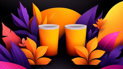 Poster - Two yellow tumblers stand closely together amidst vibrant foliage of orange, purple, and pink leaves against a dark background.
