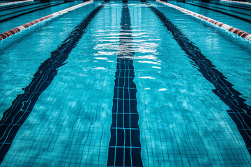 Poster - Overhead view of a swimming pool's turquoise water, showing lane lines and gentle ripples, conveying serenity, cleanliness and sport