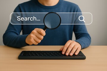Poster - Digital Search: A person uses a magnifying glass to focus on a search bar, with a keyboard suggesting the pursuit of knowledge, information, and exploration in the digital world. 
