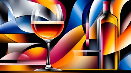 Poster - Wine glass and bottle stand against an abstract backdrop with bold colors and geometric shapes.