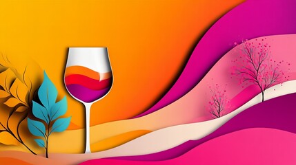 Poster - Wineglass containing layered red liquid is featured amongst colorful paper-cut trees and landscapes against an orange backdrop.