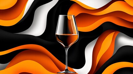 Poster - Wineglass filled with amber liquid stands against an abstract background of white, orange, and black swirling shapes.