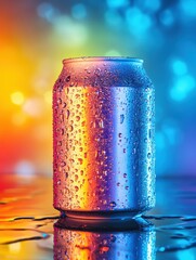 Poster - Classic soda can with condensation against a bold, colorful background creating high contrast reflections