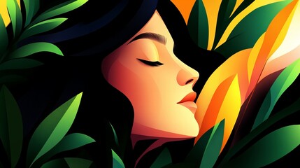 Poster - Woman with closed eyes is surrounded by stylized leaves with orange and yellow hues in an artistic design.