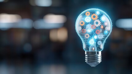 Poster - illuminating innovation, a light bulb filled with gears and icons symbolizing ideas and technology i