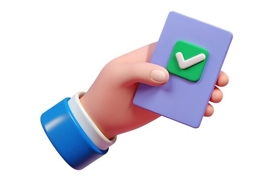 3d hand holding phone with check mark isolated on white background