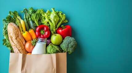 Poster - Fresh produce and groceries in a brown paper bag against a bright solid background showcasing healthy eating and local shopping