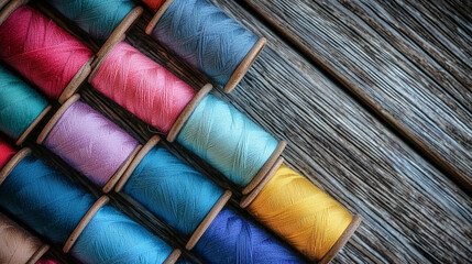 Leinwandbilder - Close-up of colorful thread spools on wooden background, showcasing vibrant hues and textured surface, representing craftsmanship, creativity, and textile artistry