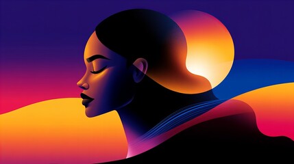Aufkleber - woman's face in profile appears against a gradient background with curved bands and a circular glowi