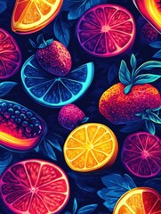 Poster - Bold pop-art background featuring neon fruit illustrations in electric blue and pink hues