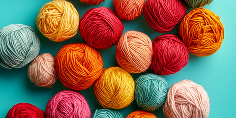 Poster - Colorful yarn balls on teal background, showcasing vibrant hues and textures ideal for craft projects or textile designs, representing creativity and handmade artistry
