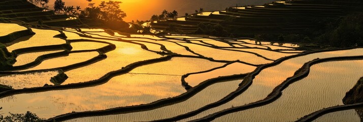 Poster - Flooded rice terraces beautifully reflect the golden sunset over lush fields in rural landscape