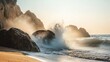 © Sampao - Waves crashing against smooth rocks on a secluded beach at sunrise, creating a misty ocean spray.