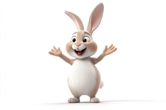 Cheerful Cartoon Rabbit Welcoming with Open Arms on White Background
