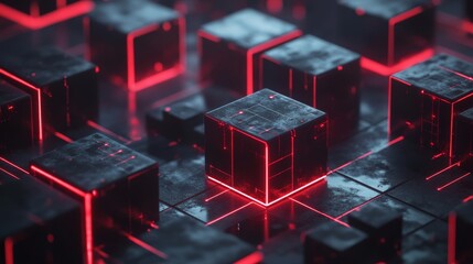 Poster - Futuristic abstract background featuring black cubes with red glowing lights in cyberpunk design
