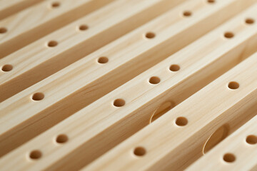 Poster - Close-up of light beige wooden slats with evenly spaced holes, showcasing a smooth, natural texture.  Represents simplicity, craftsmanship, and clean design, ideal for minimalist themes