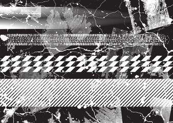 Aufkleber - Glitch distorted grunge layer . Noise destroyed texture. Checkered race grunge flag . Overlay grunge texture .Distressed effect .Vector shapes with a speed lines and tire tracks screen print texture.