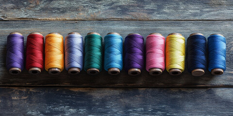 Poster - Row of colorful thread spools on rustic wood background, showcasing vibrant hues and textile craft, representing creativity, handmade, and artistry